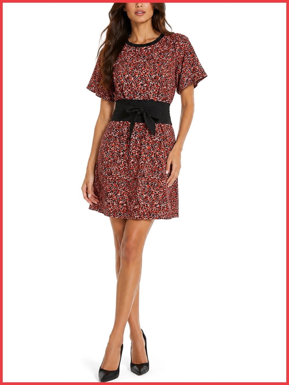 Rebecca Minkoff Floral Red Black Belted Mini Dress